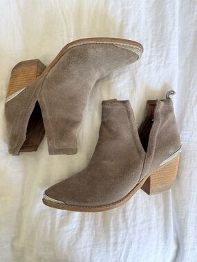 Jeffrey Campbell Taupe Suede Cutout Ankle Boots with Stacked Heel
